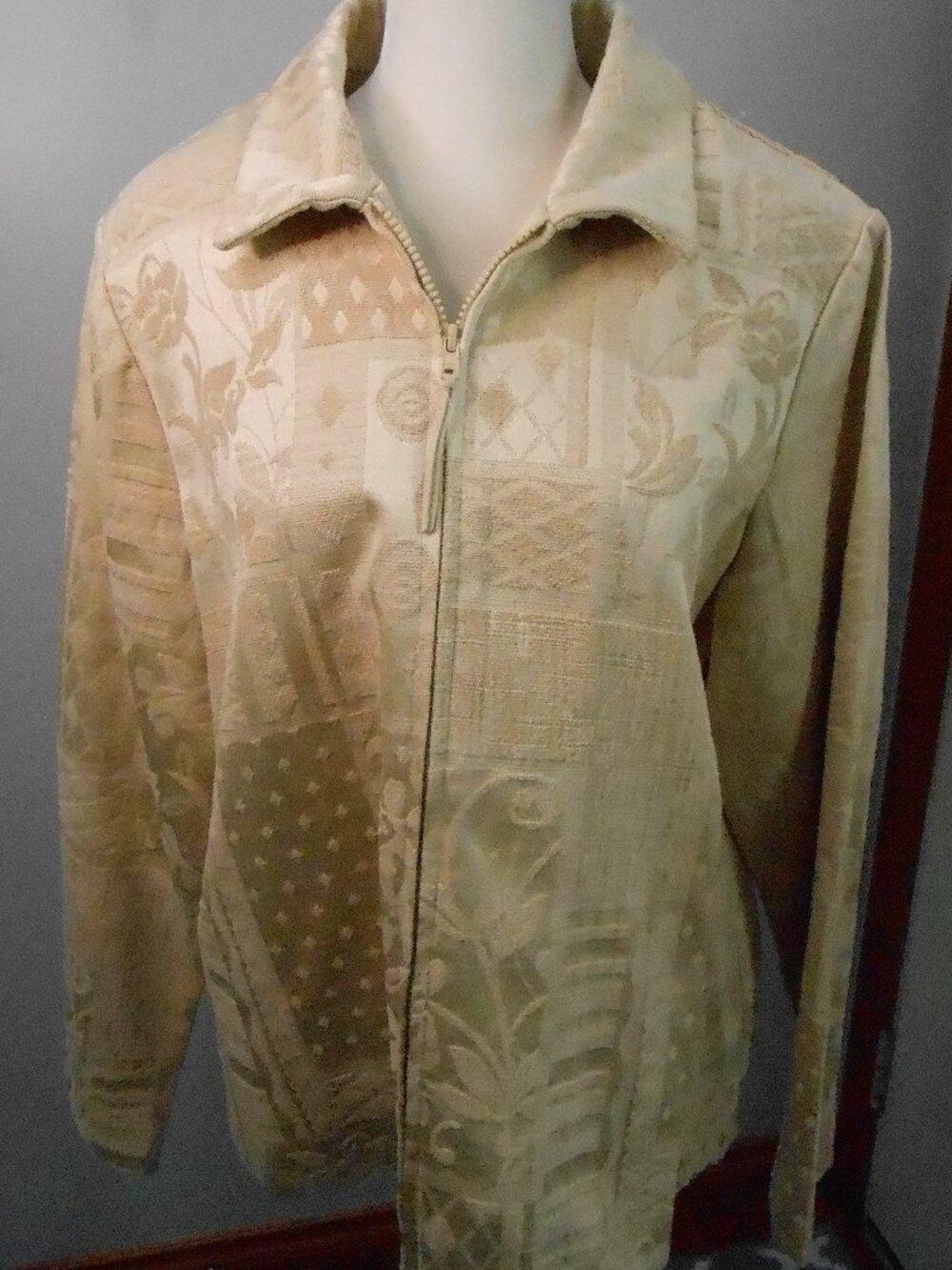 Dress Barn Women's Butter Lt Gold Jacquard Full Zip Floral Blazer Jacket Size-Lg
